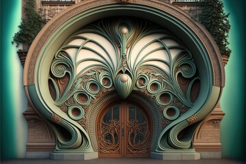 a very ornate entrance to a building with a clock tower in the background and a clock on the wall ab