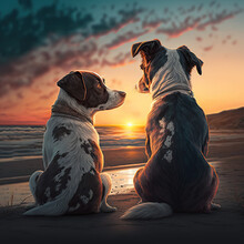 Two Dogs Looking At Each Other On The Beach Watching The Waves. 