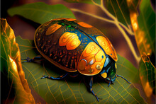 Generative Ai, Art Painting Style, Beetle On A Leaf