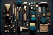  A Collection Of Makeup Brushes And Other Items On A Table Top With A Black Background And A Blue Background With A Gold Border Around The Brushes And A Blue Border With A Gold Border. Generative AI