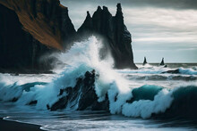 Waves Crashing Against Protruding Rocks And Coast Of Iceland Beach