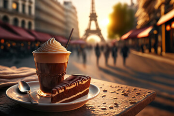 French delicious dessert and coffee on blurred background of Paris cozy street and Eiffel tower. Romantic evening view. Based on Generative AI