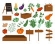 Vector vegetables icons set in cartoon flat style. Collection farm locally grown product for restaurant menu, market label. Tomatoes, carrot, pepper, pumpkin, corn and plate isolated on background