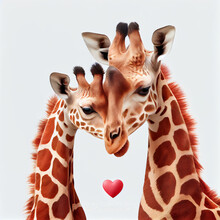 Endearing Cute Giraffe Duo With A Red Heart, AI Generated