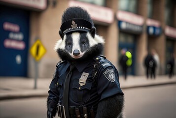 Wall Mural - character design illustration of a skunk wearing police officer uniform with urban cityscape background Generative Ai	