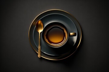  a black plate with a gold rim and a cup of coffee on it with a spoon and a spoon rest on the plate next to it, on a black background with a black surface. Generative AI