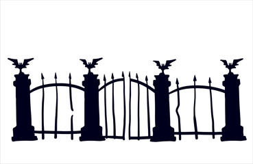 Wall Mural - Old fence of cemetery. Halloween decoration. Black silhouette of gloomy wall.