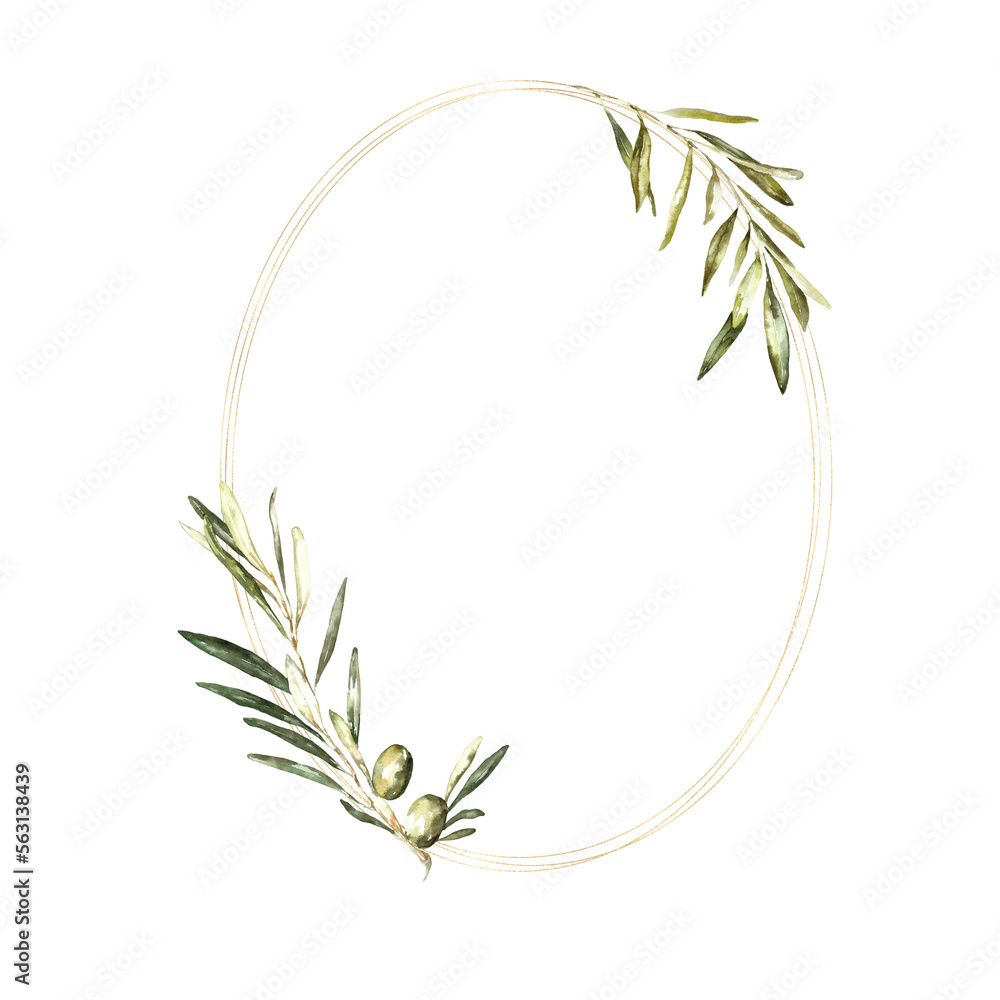 Watercolor gold oval frame illustration. Greenery olive wreath ...