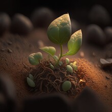  A Plant Sprouts Out Of The Ground Surrounded By Rocks And Dirt, With A Dark Background Of Rocks And Dirt, And A Few Leaves, With A Few Tiny Green Leaves, On Top.