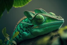  A Green Chamelon Resting On A Branch With Leaves Around It's Neck And Eyes Closed, With A Dark Background, With A Green Background, Black, And White, Area,.