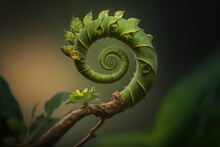  A Green Spiral Shaped Plant On A Branch With Leaves On It's End And A Green Stem On The End Of The Plant, With A Dark Background Of A Green Leafy,.