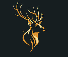 Logo With The Head Of A Beautiful Elegant Deer With Antlers Drawn In Flat Design Style In Yellow And Golden Colors, Isolated Over Dark Background - Vector Symbol For A Brand Label