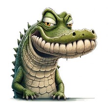  A Cartoon Alligator With A Big Smile On His Face And Mouth, Sitting Down And Looking At The Viewer With A Serious Look On His Face, With A White Background, With A White.
