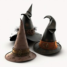  Three Witches Hats With A Ribbon And A Hat With A Feather On Top Of It, All In Different Colors, All Sitting On A White Surface, With A Shadow, With A White Background.