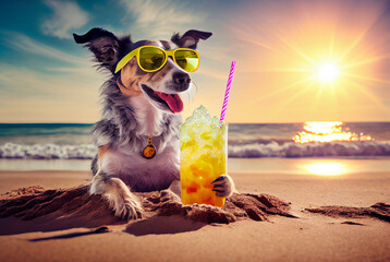 Dog on the beach with a cocktail. Generative AI,