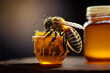 Leinwanddruck Bild - Bee with a jar of honey close-up, macro, generative ai