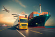 © Sarah - Internationaler Transport und Logistik von Container, Frachtflugzeug, Frachtschiff und Lastwagen - Generative Ai