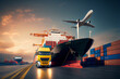 Internationaler Transport und Logistik von Container, Frachtflugzeug, Frachtschiff und Lastwagen - Generative Ai