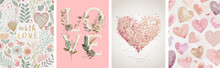 Happy Valentine's Day. Vector Watercolor Illustration Of A Heart Made Of Petals, The Word "love" Made Of Flowers And A  Pattern For A Card, Background Or Wallpaper