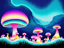 Giant Dayglo Psychedelic Bioluminescent Mushrooms - Generative AI Image