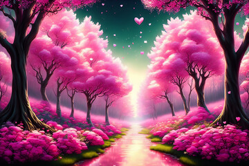 Wall Mural - pastel pink forest landscape, falling petals - generative ai image