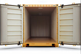 Fototapeta Do przedpokoju - Vorderansicht des offenen leeren Frachtcontainer mit offenen Türen, isoliert auf weißem Hintergrund mit platzhalter - Generative Ai 