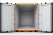 Vorderansicht des offenen leeren Frachtcontainer mit offenen Türen, isoliert auf weißem Hintergrund mit platzhalter - Generative Ai 