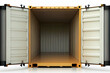 Vorderansicht des offenen leeren Frachtcontainer mit offenen Türen, isoliert auf weißem Hintergrund mit platzhalter - Generative Ai 