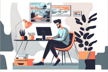 Work from home. Side angle. An employee/person working from home on work desk with a laptop/desktop/computer. Business. Workdesk. Workplace. Freelance. Illustration. Graphic. Vector. Design. 