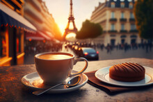 French delicious dessert and coffee on blurred background of Paris cozy street and Eiffel tower. Romantic evening view. Based on Generative AI