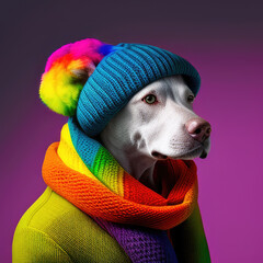 chien capuche tricotée multicolore. vêtement de mode pour animaux. chien avec tour de cou arc-en-cie