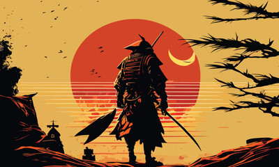 a samurai walking to the sun