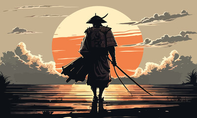 Wall Mural - a samurai walking to the sun