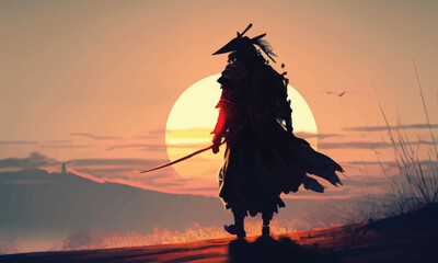 Wall Mural - a samurai walking to the sun