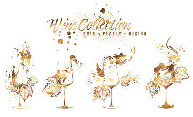  Wine Designs - Collection of wine glasses and bottles. Hand drawn elements for invitation cards, advertising banners, menus in gold style. Wine glasses with splashing wine. Sketch vector illustration
