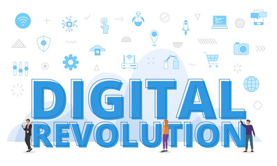 Wall Mural - digital revolution concept with big words and people surrounded by related icon with blue color styl