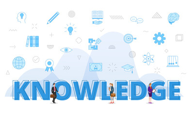 Wall Mural - knowledge concept with big words and people surrounded by related icon with blue color style