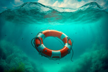 Orange Lifebuoy Underwater. Lifebuoy Sinks To The Bottom Of The Sea. Generative AI