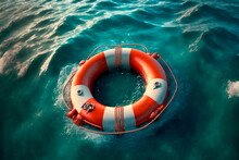 Orange Lifebuoy In The Sea On The Water. Generative AI