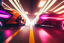 Two Supercars Racing In Neon Light Tunnel. Generative AI.