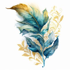 Wall Mural - watercolor of a fantastic plant with beautiful leaves in blue and green