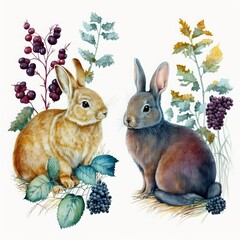 Watercolor set of 2 cute rabbits, hares, plants. Forest baby animals, berries, pines, leaves