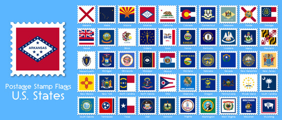 US states flag postage stamps. Collection of 50. Vector illustration.