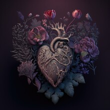 Gothic Valentine Still Life. AI Generative, AI Generated Illustration. Anatomic Heart With Flowers On Dark Background. Pink, Purple, Grey And Black.
