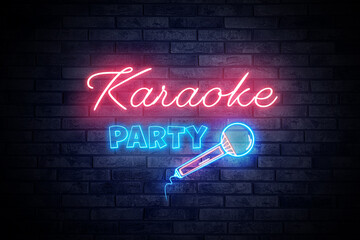 glowing neon sign with microphone and words karaoke party on brick wall