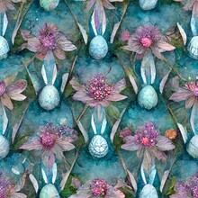Eostre Mandala Repeating Pattern With Intricate Details Liquid Watercolorchrome Texture Flowers Eggs Greenery Butterfly And Caterpillar Life Cycle Hares Goddess Of Spring Very Peri Alaskan Blue Pink 