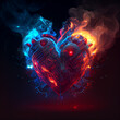 a glowing cyberpunk heart in smoke and red-blue fire