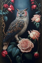Texture Japanese Owl And Roses Oil Painting Hypermaximum Elegant Vintage Hyper Realistic Super Detailed 