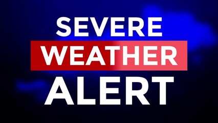 severe weather alert opening intro animation, blue template. white bold text and red ribbon animated