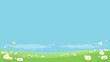 Spring background with copy space. Vector illustration of field flowers and butterflies against blue sky.